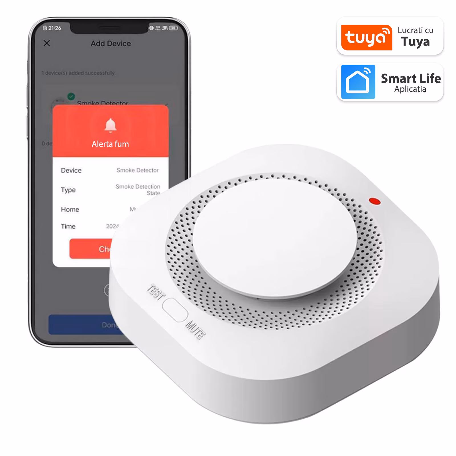 Detector fum cu senzor Dytimeem Smart Wireless compatibil cu aplicația Tuya