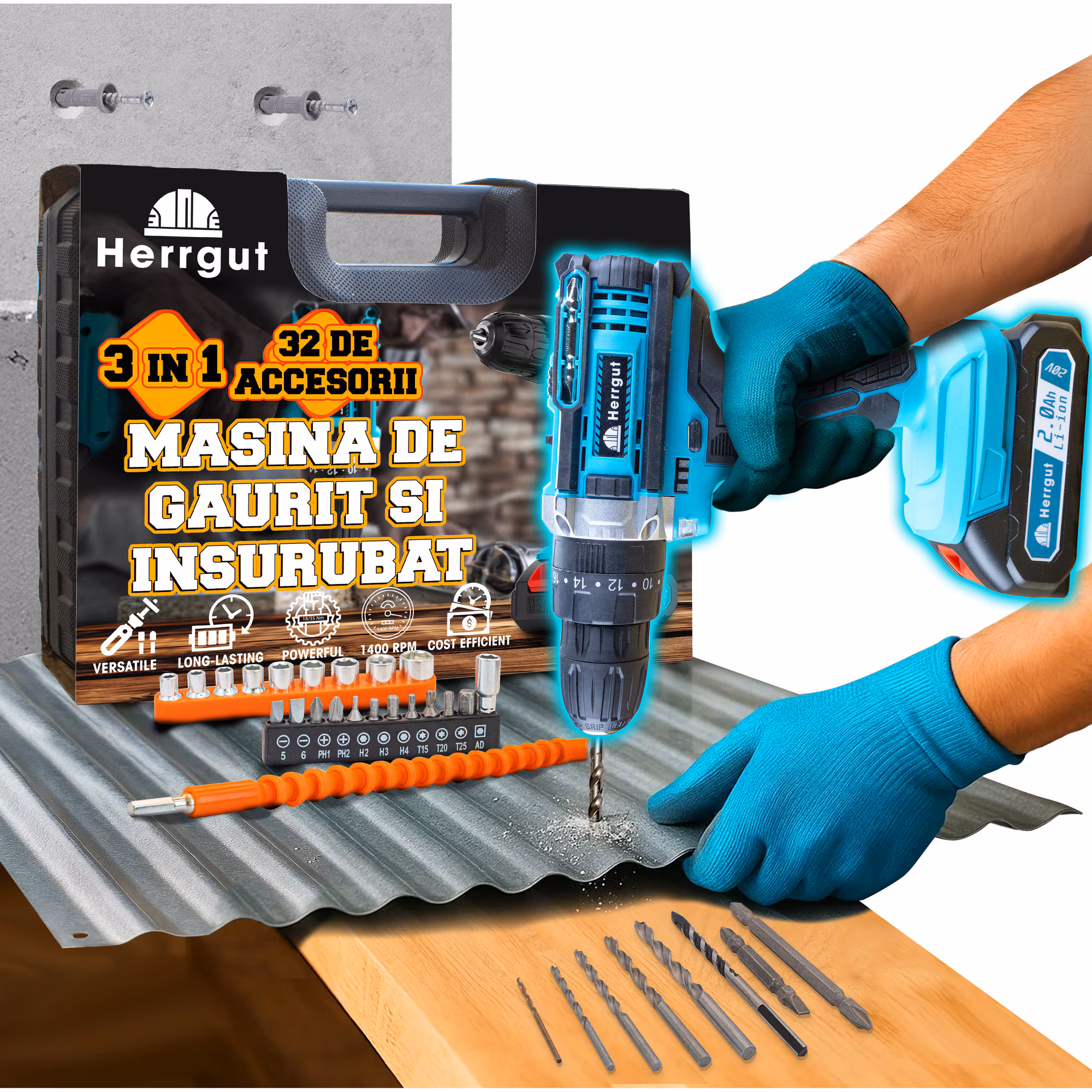 Masina de gaurit si insurubat Herrgut 2000 mAh Li-Ion, 32 accesorii, 2 trepte, 400-1400 rpm, mandrina rapida 0.8-10mm